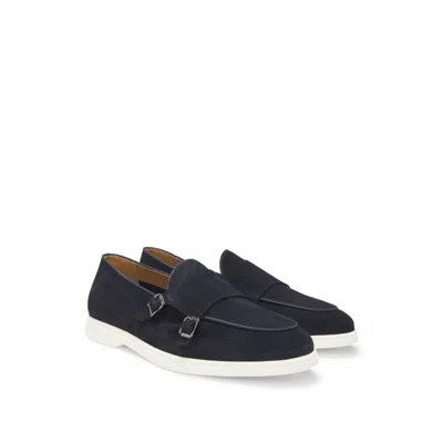 Hugo Boss Suede Monk Shoe With Contrast Outsole In Blue