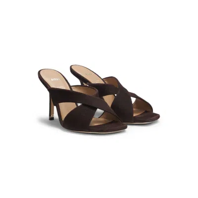 Hugo Boss Suede Sandals With Crossover Straps In Brown