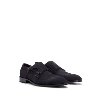 Hugo Boss Suede Shoes With Double-monk Strap And Cap Toe In Dark Blue