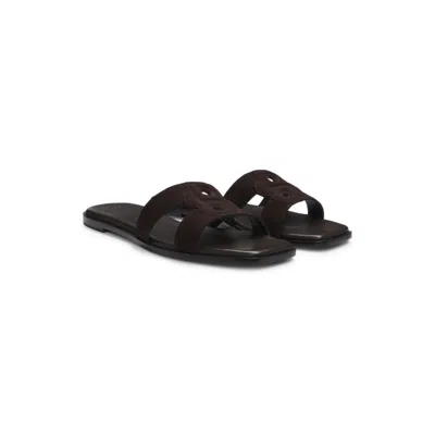 Hugo Boss Suede Slides With Stitched Double B Monogram In Brown
