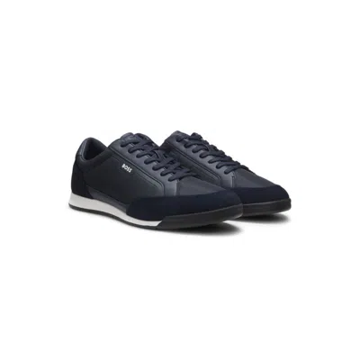 Hugo Boss Suede-trim Sneakers With Ribbed Sole In Blue