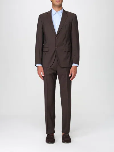 Hugo Boss Slim-fit Three-piece Suit In Checked Stretch Fabric In Brown