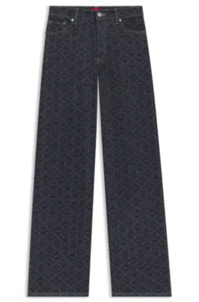 Hugo Boss Super-wide-leg Jeans In Geometric-print Denim In Blue