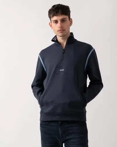 Hugo Boss Sweat Tape Mens 1/4 Zip Sweatshirt In Blue