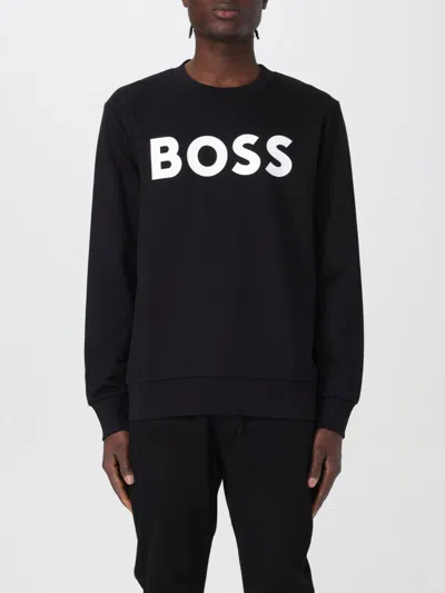 Hugo Boss Relaxed-fit Cotton-terry Sweatshirt With Rubber-print Logo In Black