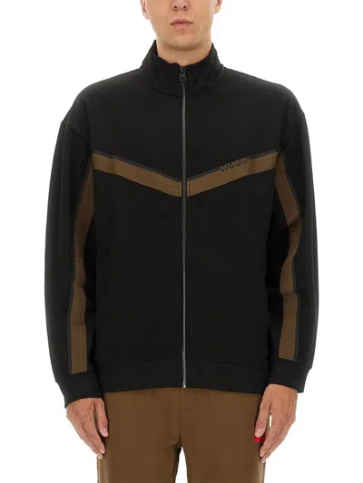 Hugo Boss Chevron-panel Zip-up Sweatshirt In Black