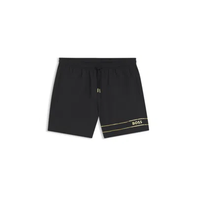 Hugo Boss Swim Shorts With Foil-print Logo In Black