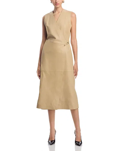 Hugo Boss Syesha Leather Surplice Midi Dress In Medium Beige