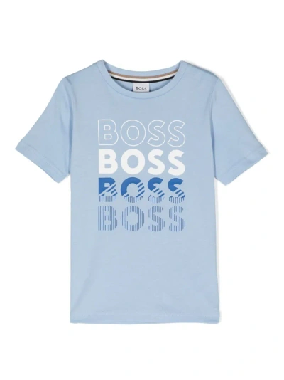 Hugo Boss T-shirt In Jersey Di Cotone Con Logo Ripetuto In Light Blue