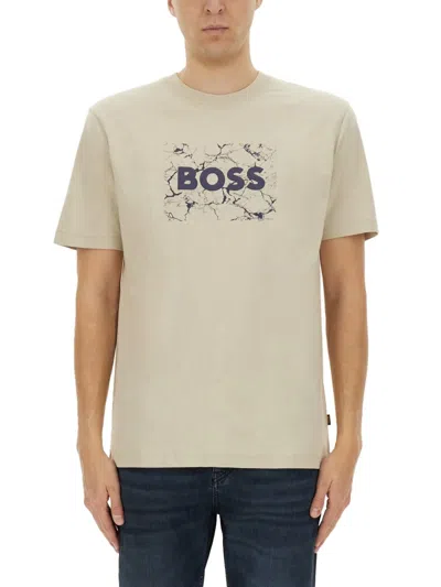 Hugo Boss Cotton-jersey T-shirt With Logo Artwork In Neutral