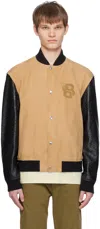 Hugo Boss Tan & Black Stand Collar Leather Bomber Jacket In 260-medium Beige