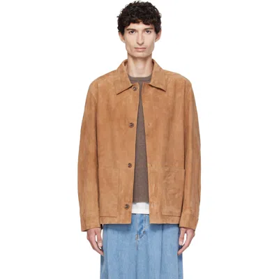 Hugo Boss Tan Button-up Suede Checkered Lining Leather Jacket In Pattern