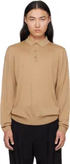 Hugo Boss Tan Long-sleeved Virgin Wool Polo In Brown