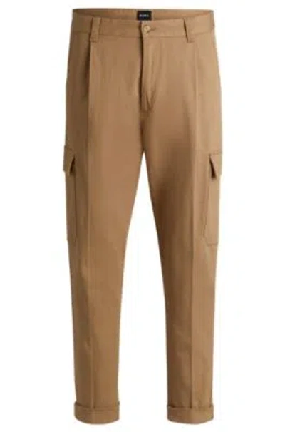 Hugo Boss Tapered-fit Cargo Trousers In Herringbone Stretch Cotton In Light Beige