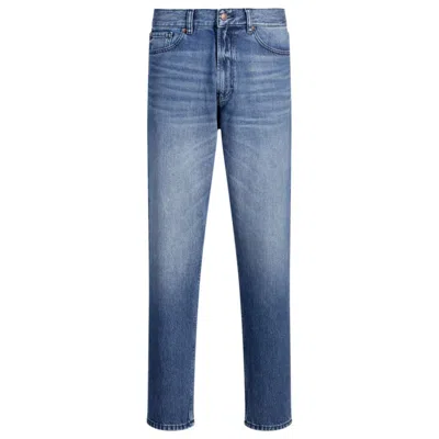 HUGO BOSS TAPERED-FIT JEANS IN BLUE VINTAGE-WASH DENIM