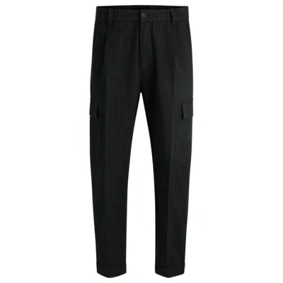 Hugo Boss Tapered-fit Trousers In Striped Brushed Cotton In Grey