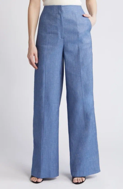 Hugo Boss Boss Tasena Hollywood Waist Linen & Cotton Wide Leg Pants In Light/pastel Blue