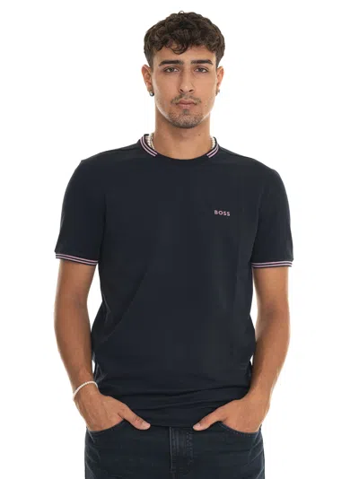 Hugo Boss Taul Mens Stretch-cotton T-shirt With Stripes And Logo Colo In Dark Blue 403