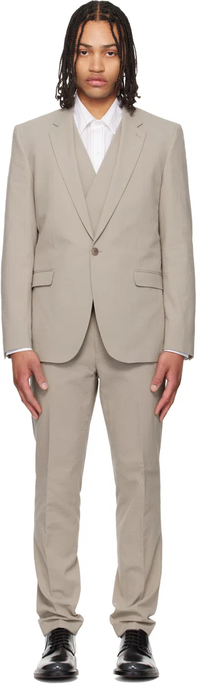 Hugo Boss Taupe Three-piece Extra-slim-fit Stretch-cotton Seersucker Suit In Neutral