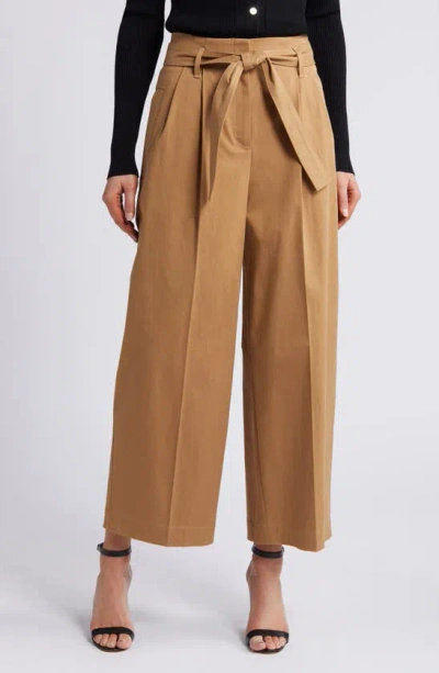 Hugo Boss Tapered-fit Wide-leg Trousers With Fabric Belt In Beige