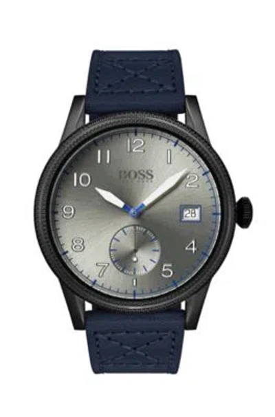 Hugo Boss Textured-bezel Watch With Italian-leather Strap Men's Watches In Blue