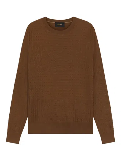 Hugo Boss Textured Crew-neck Sweater In Brown