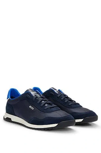 Hugo Boss Textured-fabric Lace-up Trainers With Suede Trims In Dark Blue