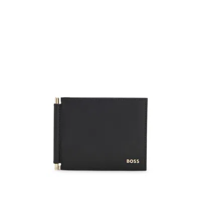 Hugo Boss Textured Leather Wallet With Gold-tone Money Clip In Black