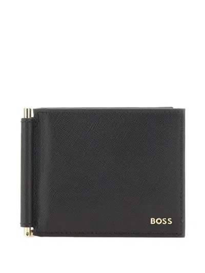 Hugo Boss Textured Leather Wallet With Gold-tone Money Clip In Black