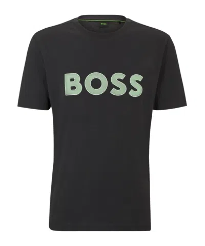 Hugo Boss Cotton-jersey Regular-fit T-shirt With Mesh Logo In Black