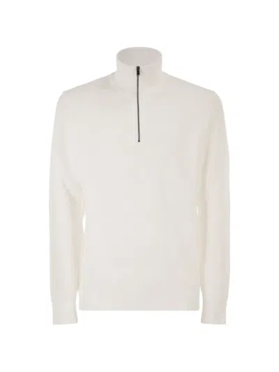 Hugo Boss Boss Textured Cotton Sweater With High Neck And Zip In White