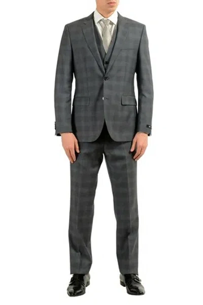 Pre-owned Hugo Boss "the Grand/central2we" Men's 100% Wool Plaid Three Piece Suit In Gray