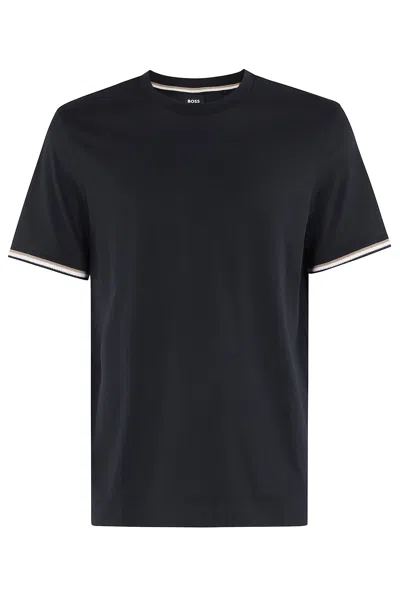 Hugo Boss Cotton-jersey T-shirt With Signature-stripe Cuffs In Dark Blue