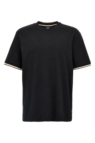 Hugo Boss Cotton-jersey T-shirt With Signature-stripe Cuffs In Dark Blue