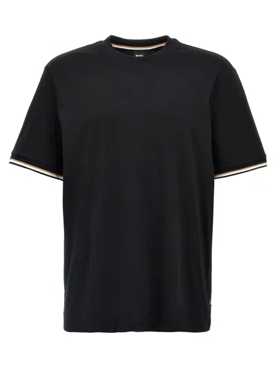 Hugo Boss Cotton-jersey T-shirt With Signature-stripe Cuffs In Dark Blue