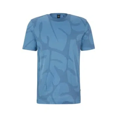 Hugo Boss Thompson 08 Cotton 2-tone Monstera Leaf Print T-shirt In Light Blue 50511843 459