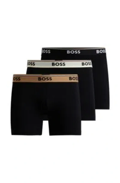 Hugo Boss Three-pack Of Stretch-cotton Boxer Briefs With Logo Waistbands In Black