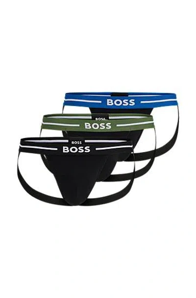 Hugo Boss Three-pack Of Stretch-cotton Jock Straps With Logo Waistbands In Open Miscellaneous
