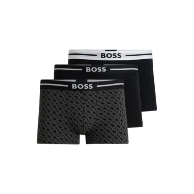 Hugo Boss Three-pack Of Stretch-cotton Plain And Monogrammed Trunks In Multi