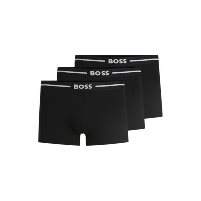 Hugo Boss Three-pack Of Stretch-cotton Trunks With Logo Waistbands In Black