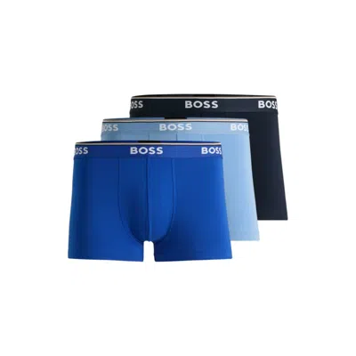 Hugo Boss Three-pack Of Stretch-cotton Trunks With Logo Waistbands In Blue