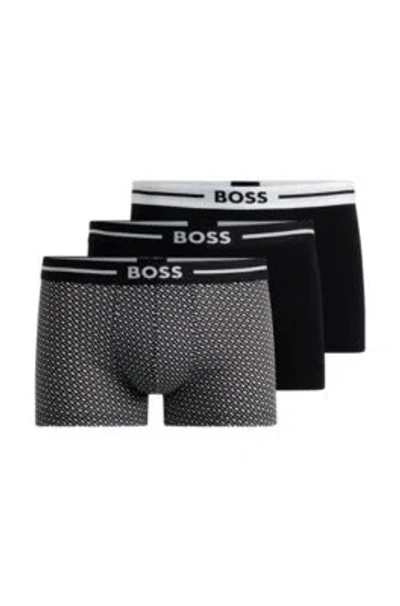 Hugo Boss Three-pack Of Stretch-cotton Trunks With Logo Waistbands In Patterned