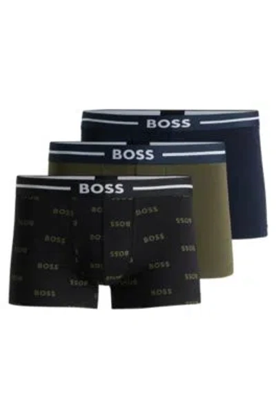 Hugo Boss Three-pack Of Stretch-cotton Trunks With Logo Waistbands In Multi