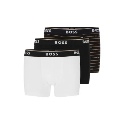 Hugo Boss Three-pack Of Stretch-cotton Trunks With Logo Waistbands In Beige