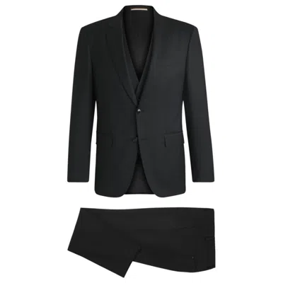 Hugo Boss Three-piece Slim-fit Suit In Patterned Stretch Wool In Black
