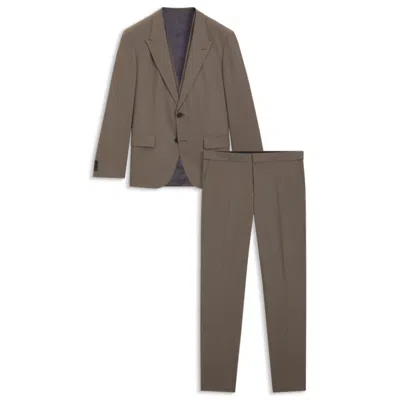 Hugo Boss Three-piece Slim-fit Suit In Wool-blend Poplin In Brown