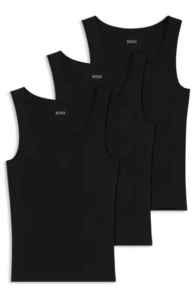 Hugo Boss Three-pack Of Embroidered-logo Tank Tops In Cotton In Black