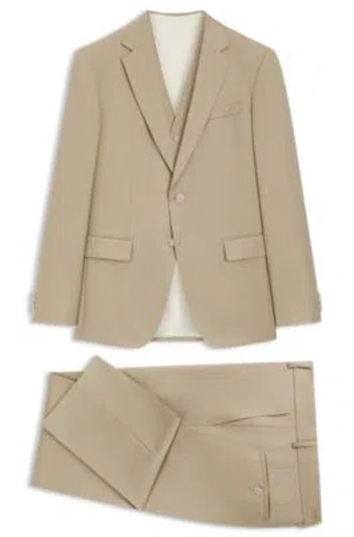 Hugo Boss Three-piece Slim-fit Suit In Virgin-wool Serge In Brown