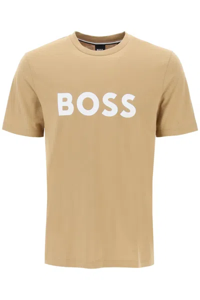 Hugo Boss Tiburt 354 Logo Print T-shirt In Beige