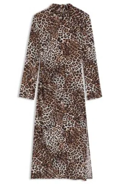 Hugo Boss Tie-collar Dress With Leopard Print In Brown